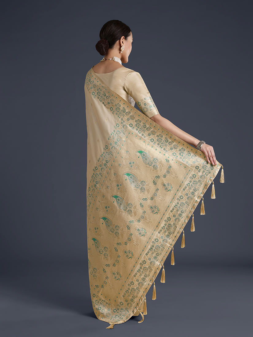Monjolika Fashion Cream Banarasi Satin Silk Saree With Zari Border And Butti Work