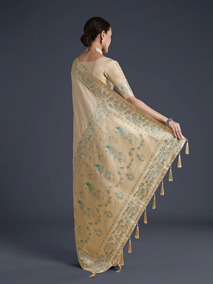 Monjolika Fashion Cream Banarasi Satin Silk Saree With Zari Border And Butti Work