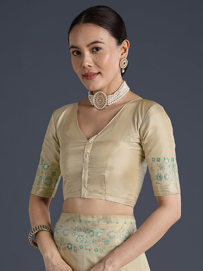 Monjolika Fashion Cream Banarasi Satin Silk Saree With Zari Border And Butti Work