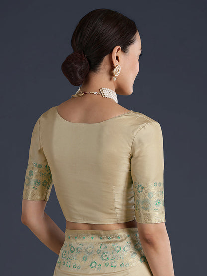 Monjolika Fashion Cream Banarasi Satin Silk Saree With Zari Border And Butti Work