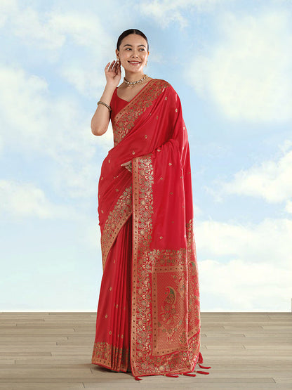 Monjolika Fashion Red Banarasi Satin Silk Saree With Zari Border And Butti Work