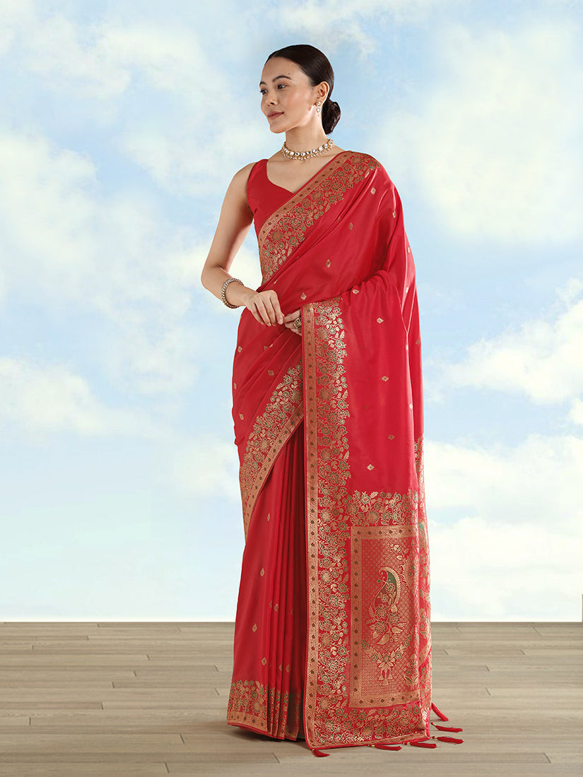 Monjolika Fashion Red Banarasi Satin Silk Saree With Zari Border And Butti Work