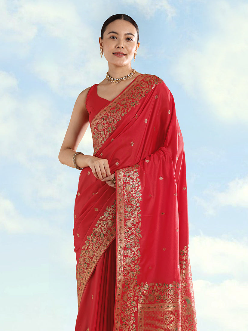 Monjolika Fashion Red Banarasi Satin Silk Saree With Zari Border And Butti Work