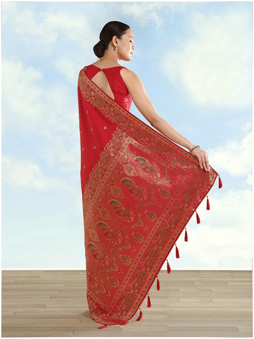 Monjolika Fashion Red Banarasi Satin Silk Saree With Zari Border And Butti Work