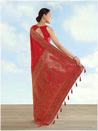 Monjolika Fashion Red Banarasi Satin Silk Saree With Zari Border And Butti Work