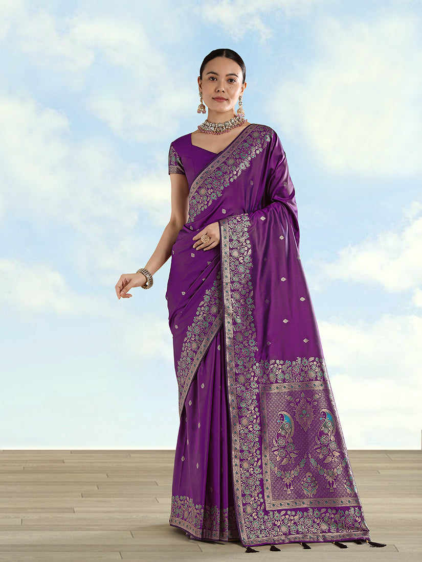 Monjolika Fashion Purple Banarasi Satin Silk Saree With Zari Border And Butti Work