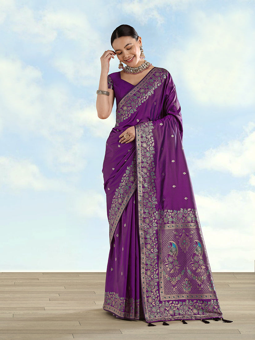 Monjolika Fashion Purple Banarasi Satin Silk Saree With Zari Border And Butti Work