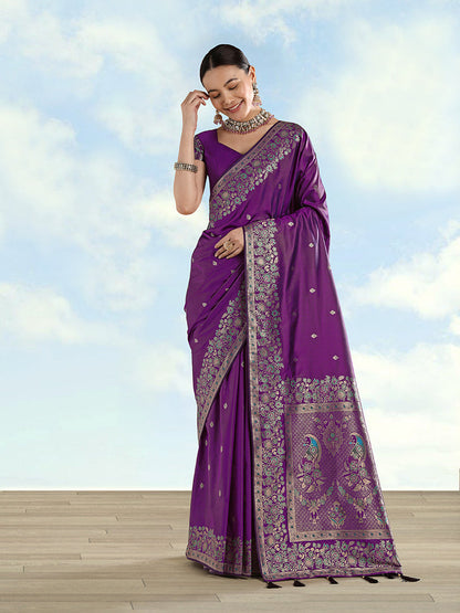 Monjolika Fashion Purple Banarasi Satin Silk Saree With Zari Border And Butti Work