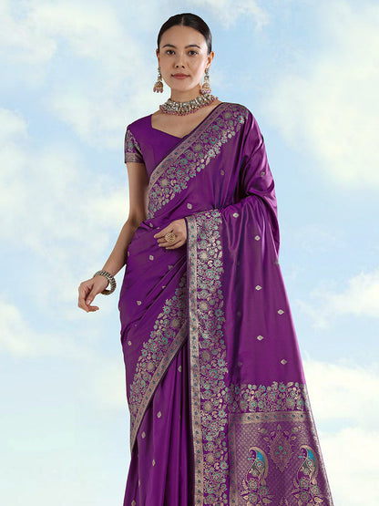 Monjolika Fashion Purple Banarasi Satin Silk Saree With Zari Border And Butti Work