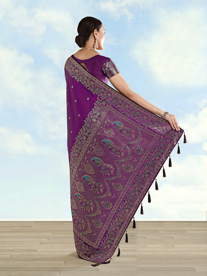 Monjolika Fashion Purple Banarasi Satin Silk Saree With Zari Border And Butti Work