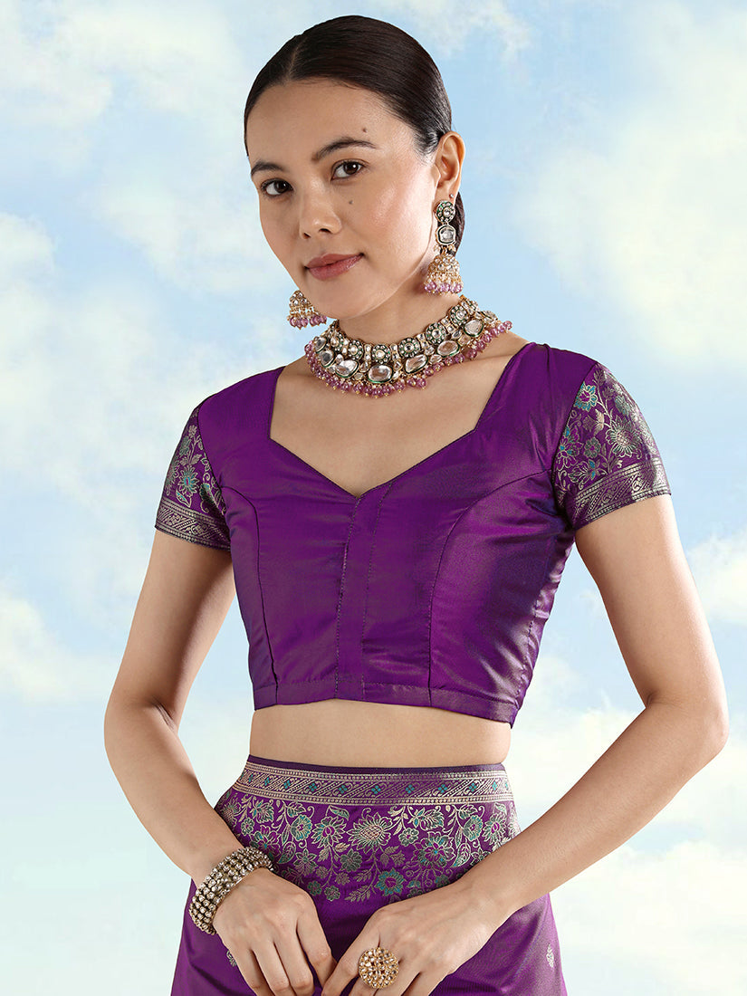 Monjolika Fashion Purple Banarasi Satin Silk Saree With Zari Border And Butti Work