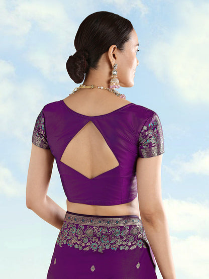 Monjolika Fashion Purple Banarasi Satin Silk Saree With Zari Border And Butti Work