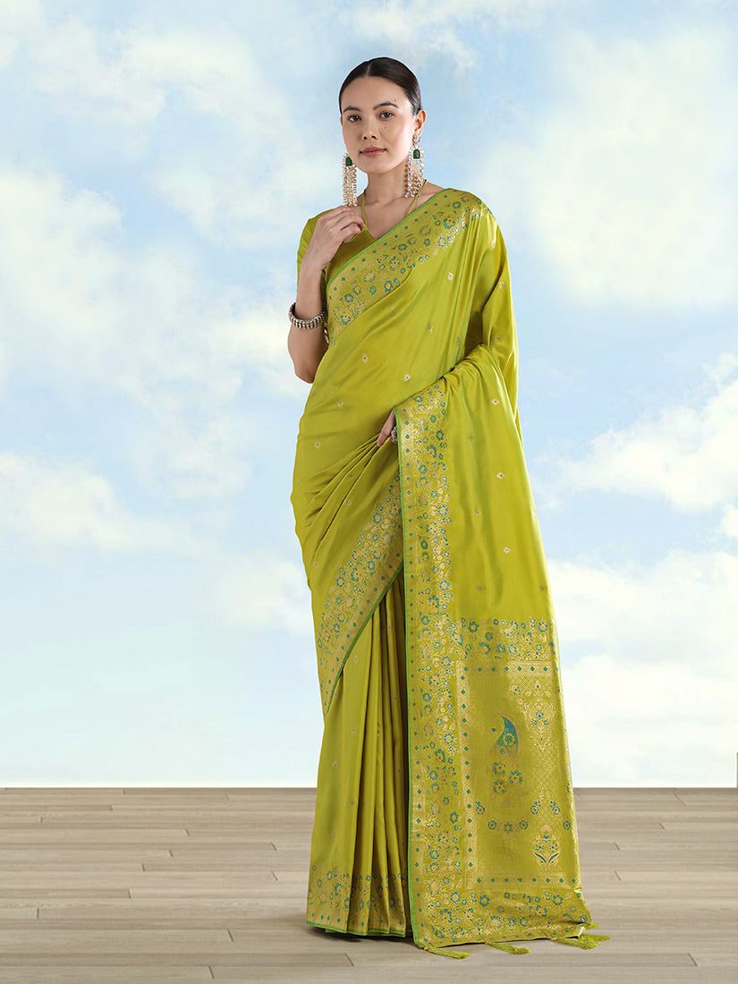 Monjolika Fashion Pear Banarasi Satin Silk Saree With Zari Border And Butti Work