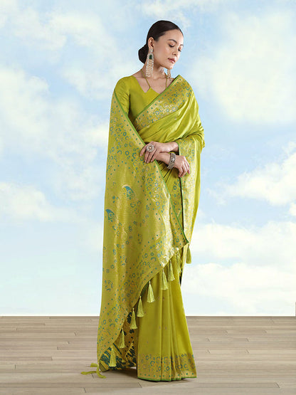 Monjolika Fashion Pear Banarasi Satin Silk Saree With Zari Border And Butti Work