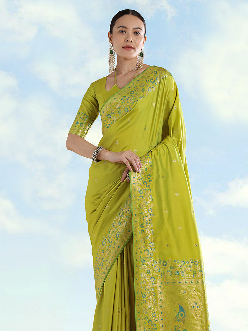 Monjolika Fashion Pear Banarasi Satin Silk Saree With Zari Border And Butti Work