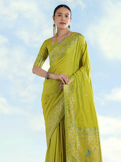 Monjolika Fashion Pear Banarasi Satin Silk Saree With Zari Border And Butti Work