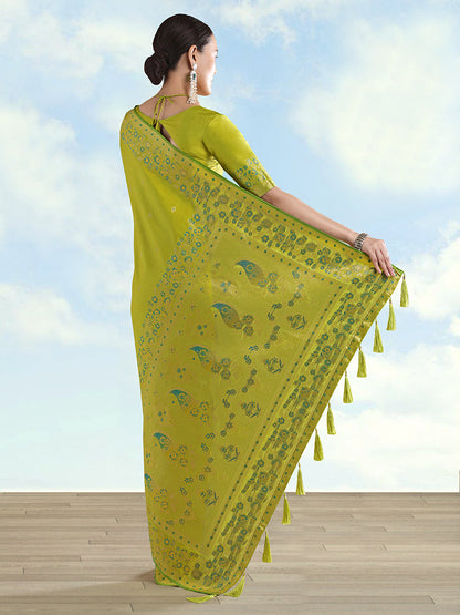 Monjolika Fashion Pear Banarasi Satin Silk Saree With Zari Border And Butti Work