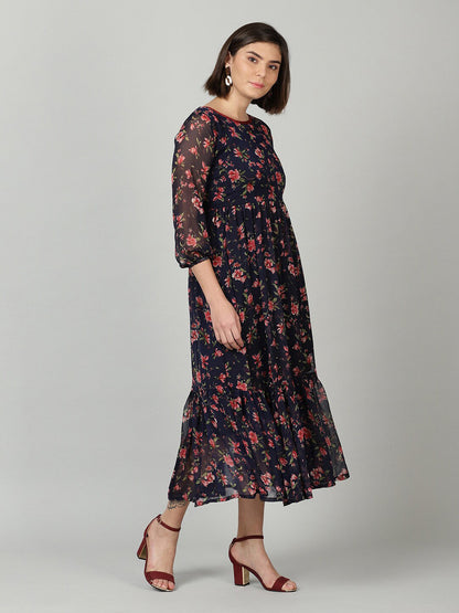 Souchii Women Navy Blue & Red Floral Chiffon A-Line Tiered Dress