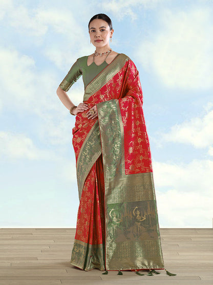 Monjolika Fashion Red Banarasi Silk Saree With Zari Woven Design