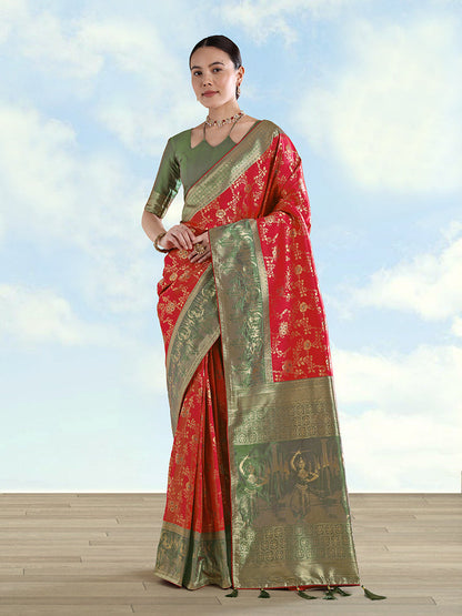 Monjolika Fashion Red Banarasi Silk Saree With Zari Woven Design