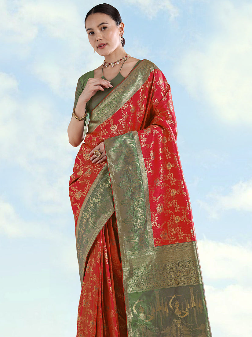 Monjolika Fashion Red Banarasi Silk Saree With Zari Woven Design