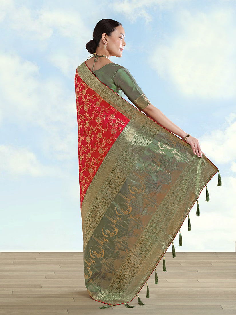 Monjolika Fashion Red Banarasi Silk Saree With Zari Woven Design