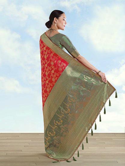 Monjolika Fashion Red Banarasi Silk Saree With Zari Woven Design