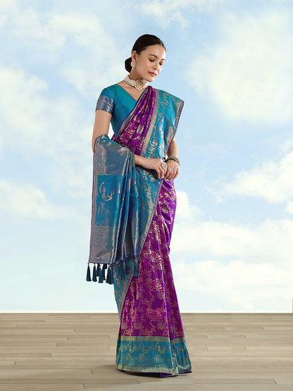 Monjolika Fashion Purple Banarasi Silk Saree With Zari Woven Design