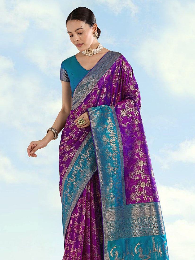 Monjolika Fashion Purple Banarasi Silk Saree With Zari Woven Design