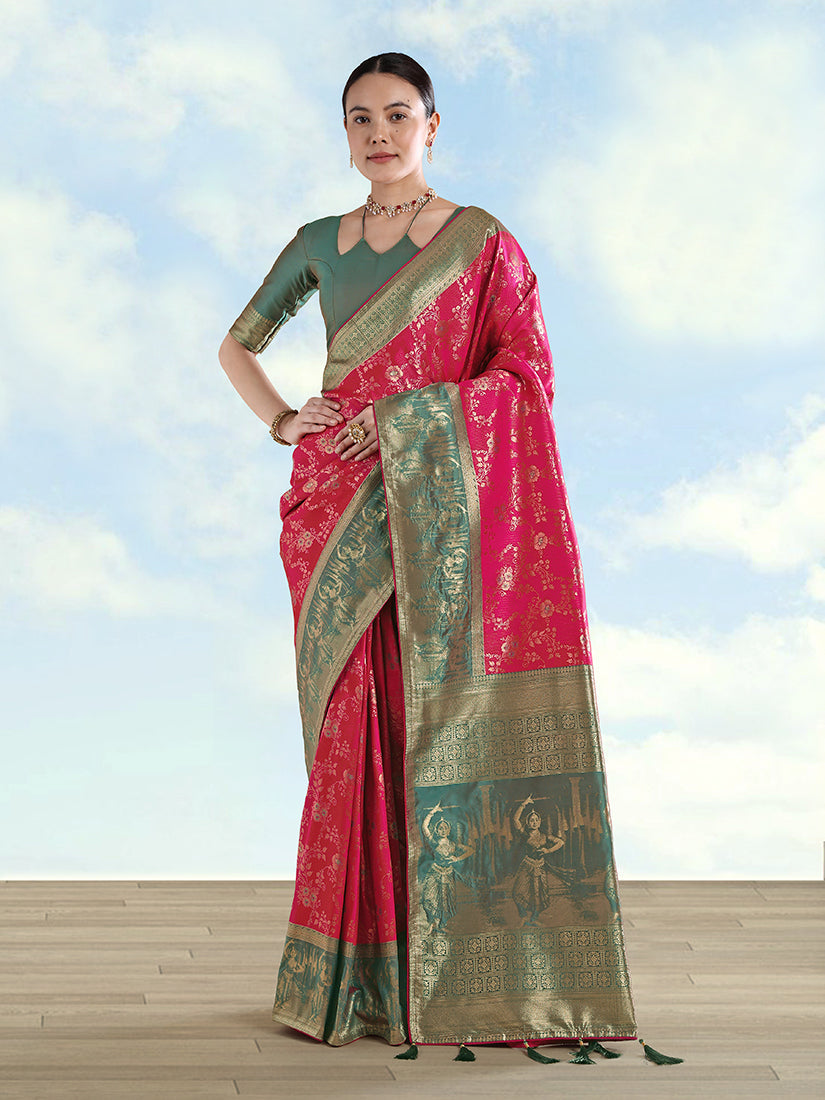 Monjolika Fashion Rani Pink Banarasi Silk Saree With Zari Woven Design