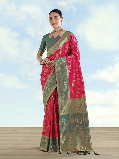 Monjolika Fashion Rani Pink Banarasi Silk Saree With Zari Woven Design