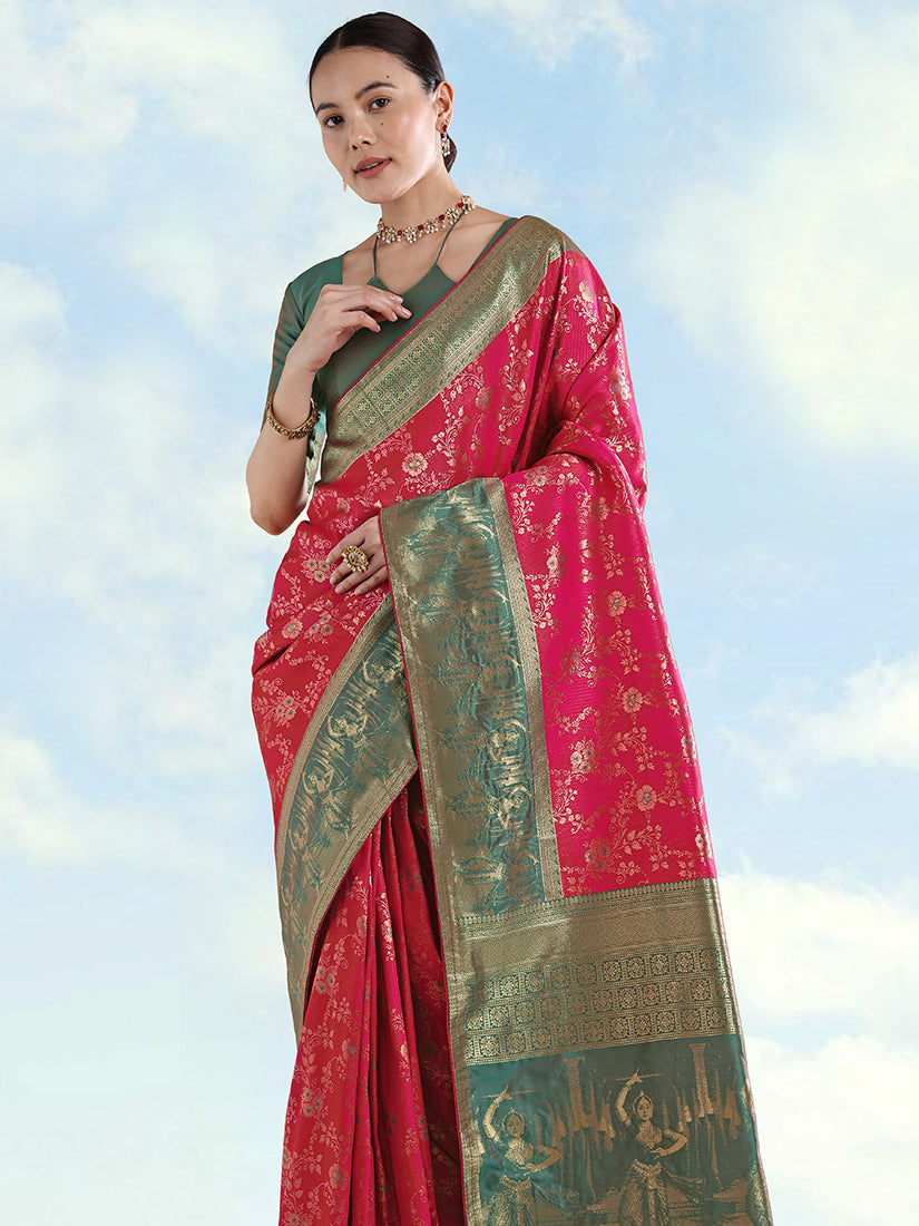 Monjolika Fashion Rani Pink Banarasi Silk Saree With Zari Woven Design