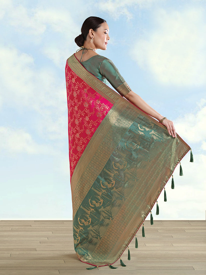 Monjolika Fashion Rani Pink Banarasi Silk Saree With Zari Woven Design