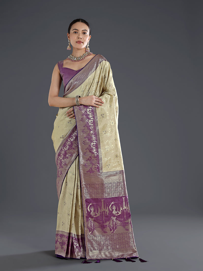 Monjolika Fashion Cream Banarasi Silk Saree With Zari Woven Design