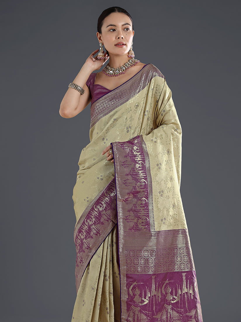 Monjolika Fashion Cream Banarasi Silk Saree With Zari Woven Design
