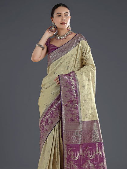 Monjolika Fashion Cream Banarasi Silk Saree With Zari Woven Design