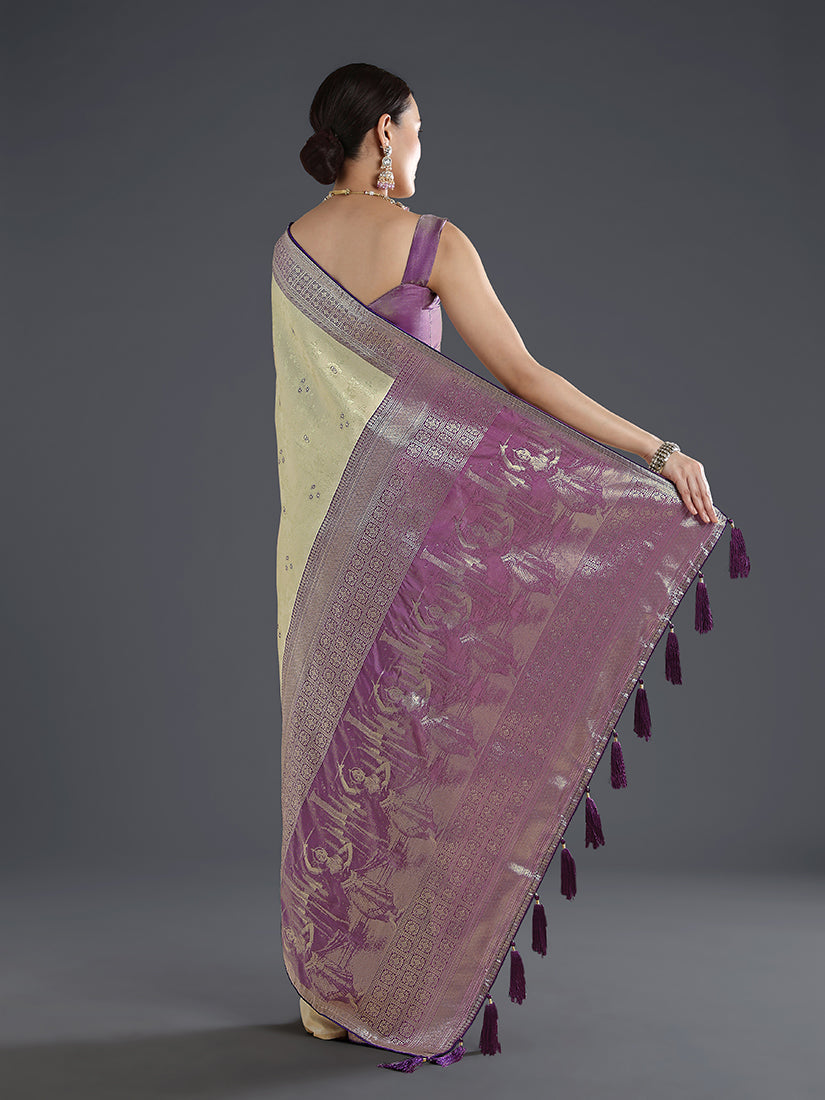 Monjolika Fashion Cream Banarasi Silk Saree With Zari Woven Design