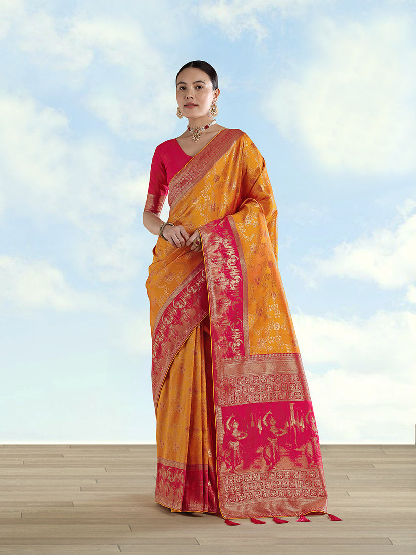 Monjolika Fashion Orange Banarasi Silk Saree With Zari Woven Design