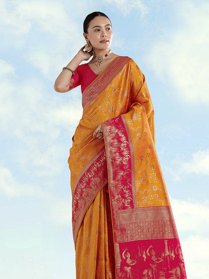 Monjolika Fashion Orange Banarasi Silk Saree With Zari Woven Design
