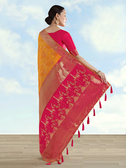 Monjolika Fashion Orange Banarasi Silk Saree With Zari Woven Design