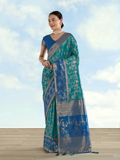 Monjolika Fashion Turquoise Banarasi Silk Saree With Zari Woven Design