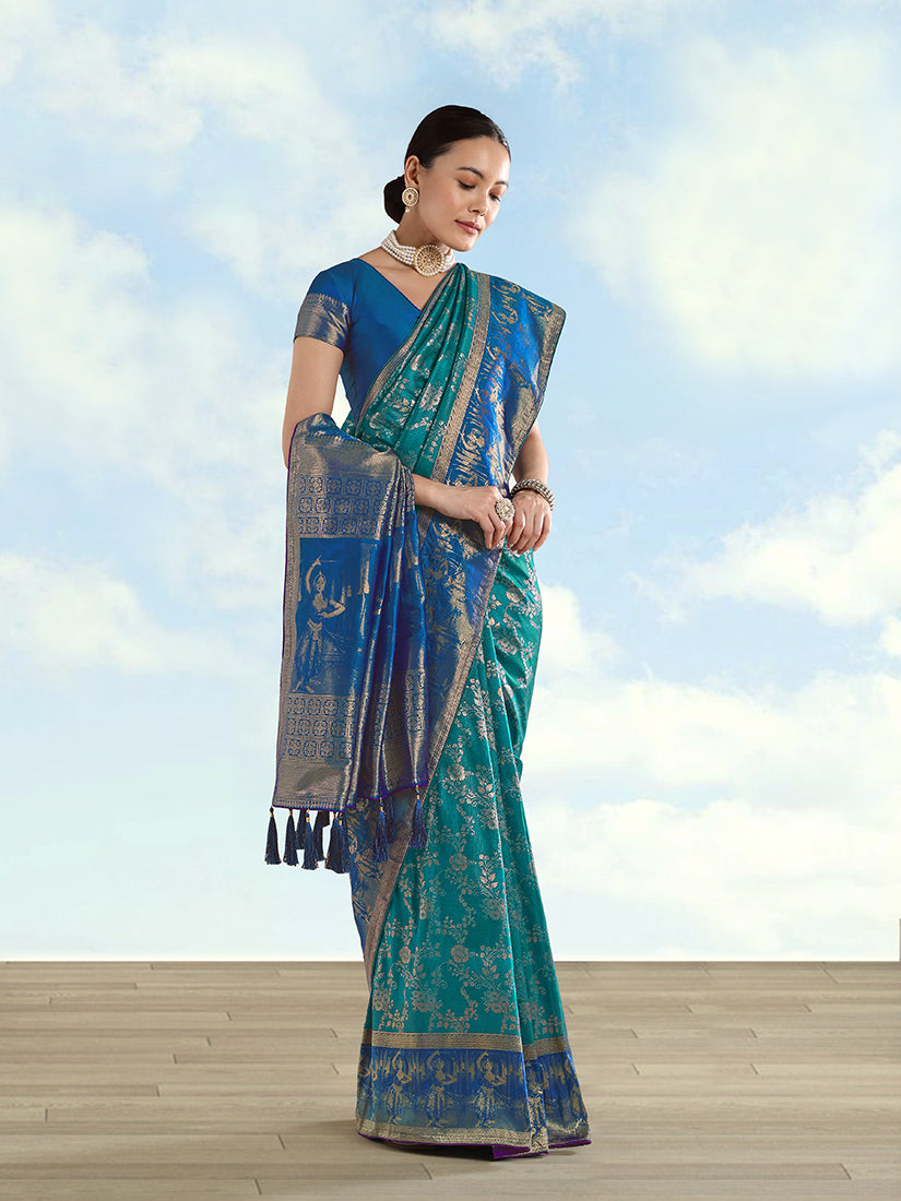 Monjolika Fashion Turquoise Banarasi Silk Saree With Zari Woven Design