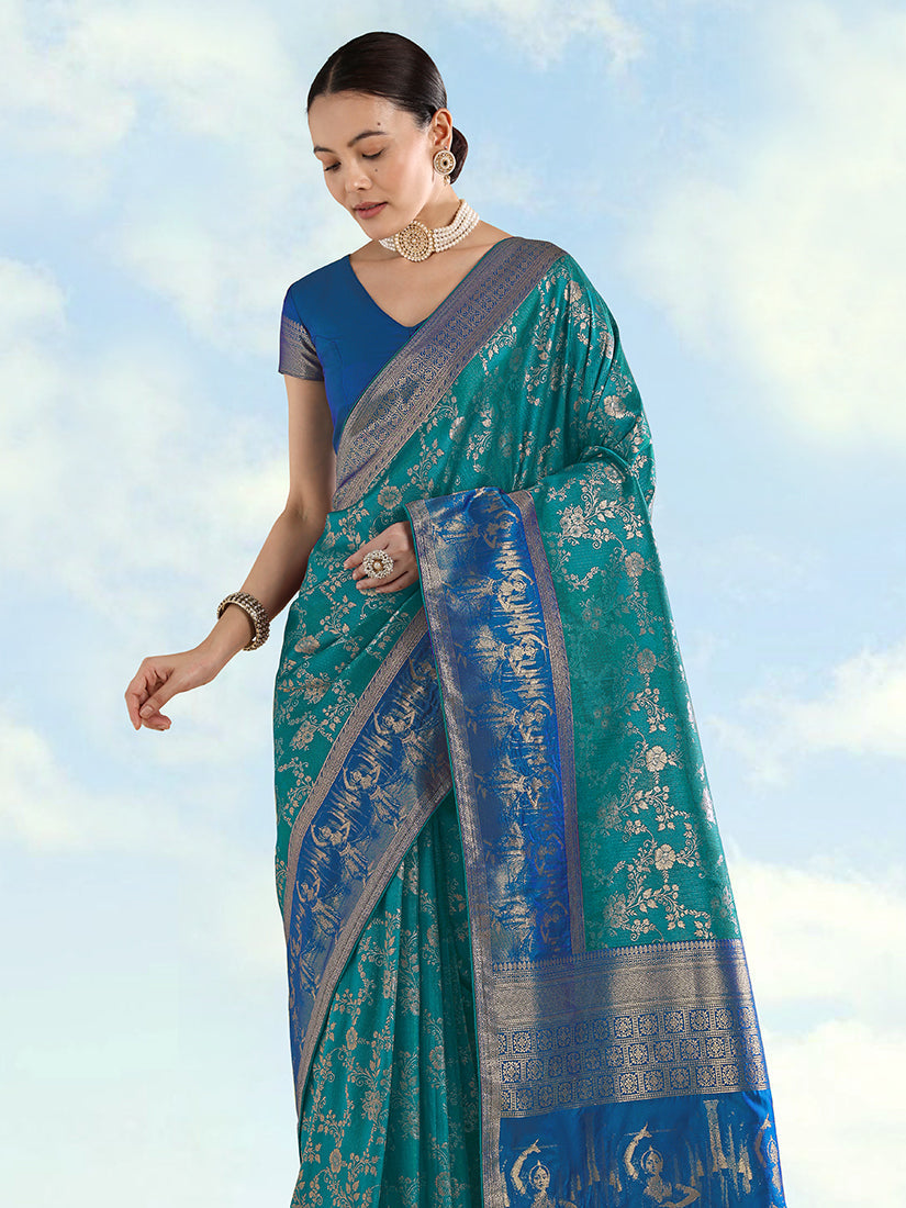 Monjolika Fashion Turquoise Banarasi Silk Saree With Zari Woven Design