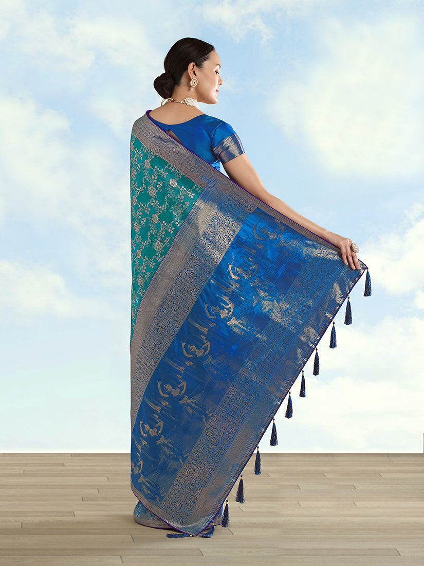 Monjolika Fashion Turquoise Banarasi Silk Saree With Zari Woven Design