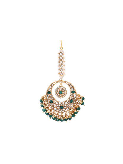 Yellow Chimes Gold-Polished White & Green Kundan-Studded & Beaded Maang Tikka