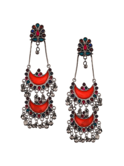 Shoshaa Silver-Plated Oxidised Multi Stones Drop Earrings