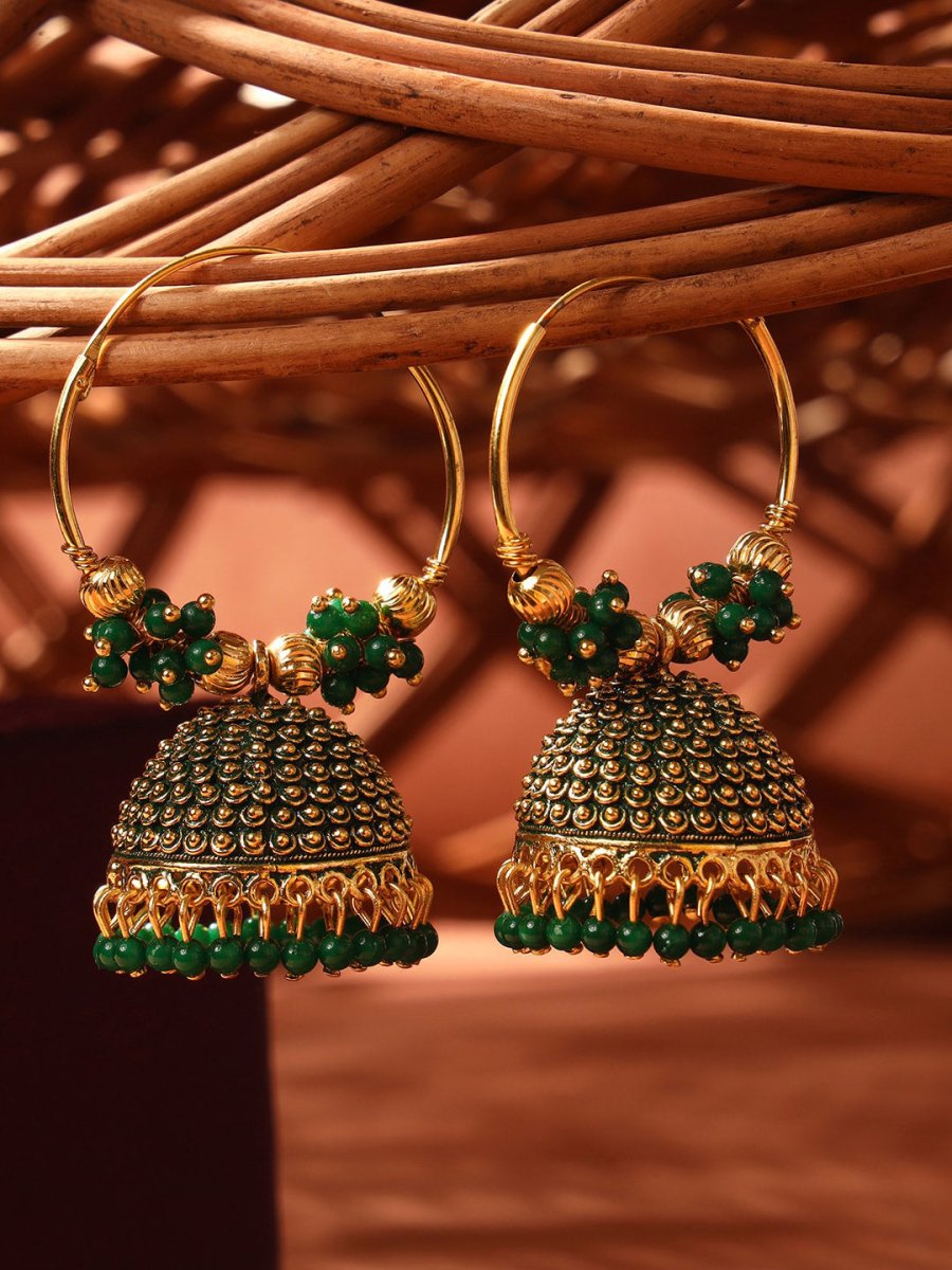 Anikas Creation Green & Gold-Toned Contemporary Jhumkas Earrings