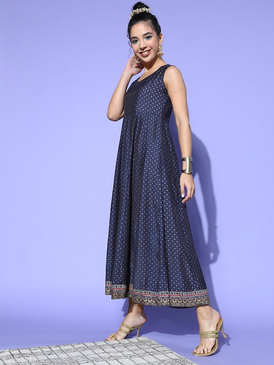 Juniper Women Navy Blue Silk Print Mix Kurta