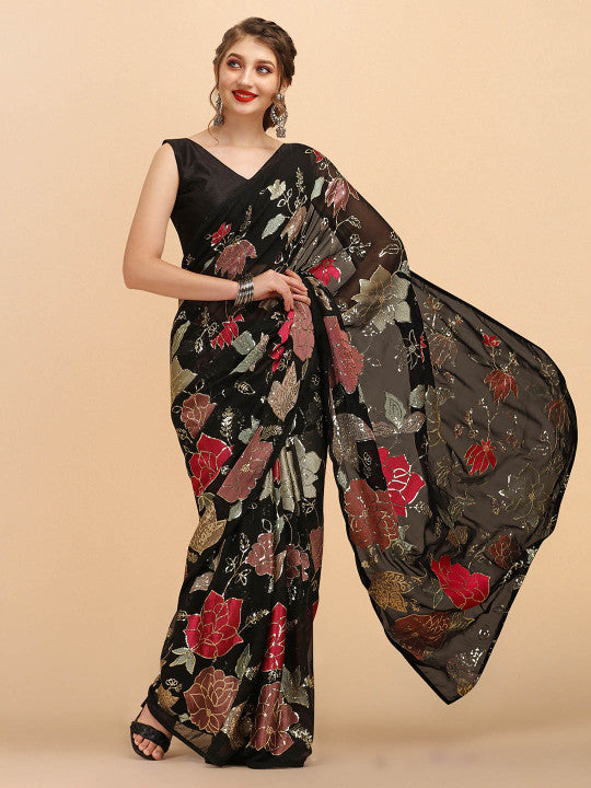 Sangria Black & Red Floral Sequinned Pure Georgette Saree