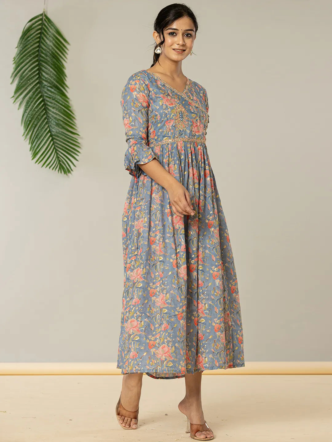 Yufta Blue Pure Cotton Beads And Stones Gathers Angrakha Dress
